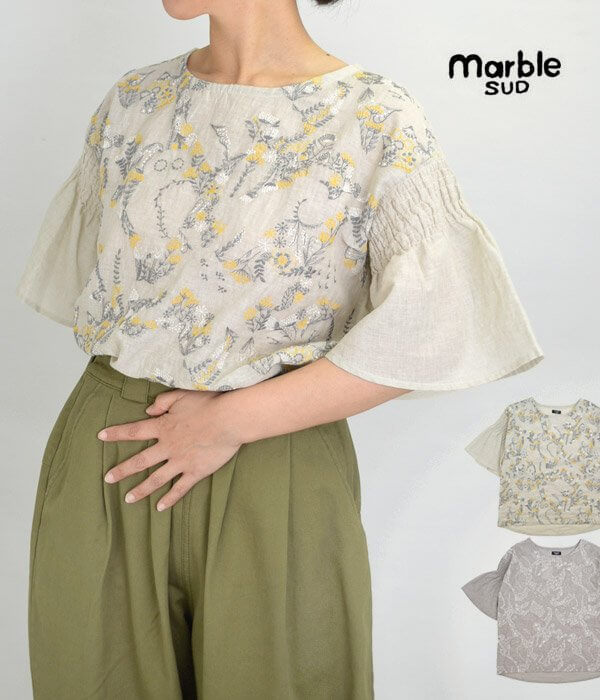 マーブルシュッド (marble SUD) Damashie 肩 Shirring BL 半袖刺繍ブラウス 059M065018の画像